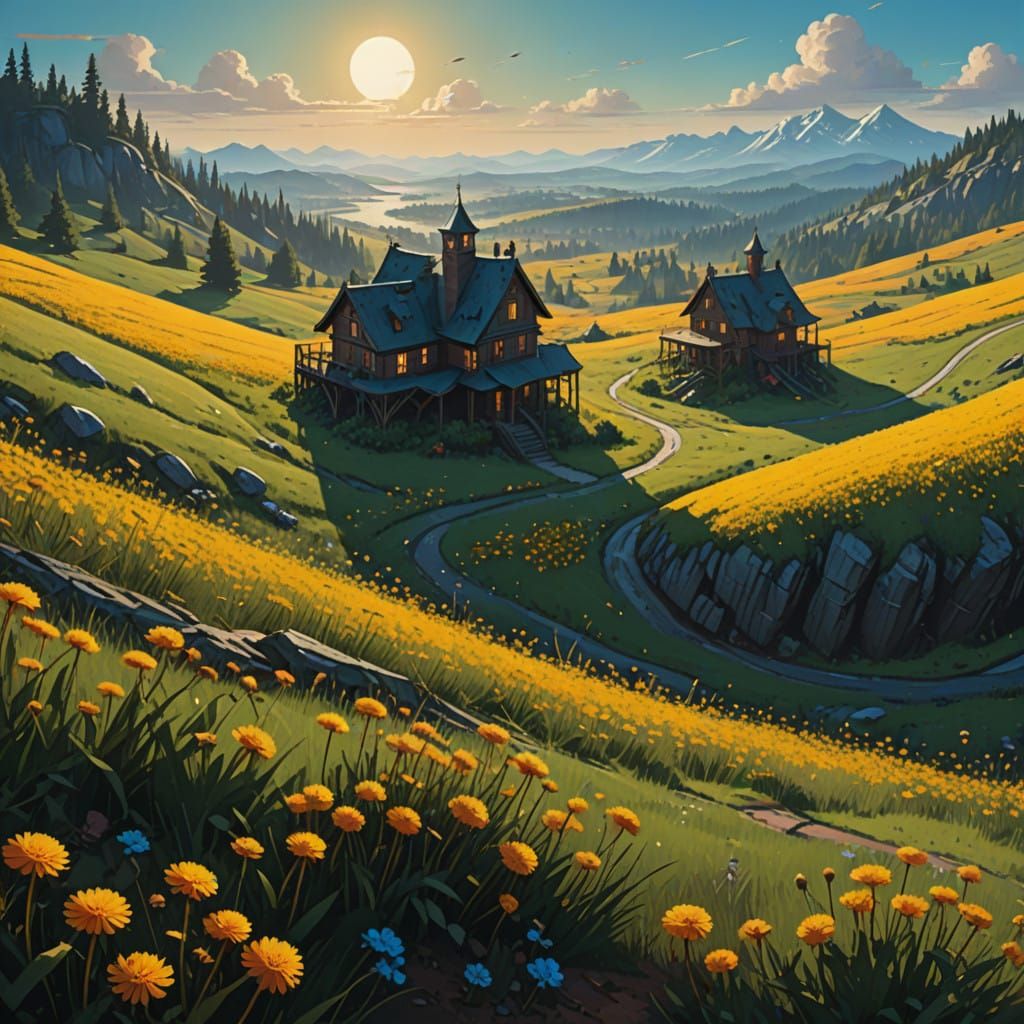 Golden Dandelions in a Fantastical Landscape
