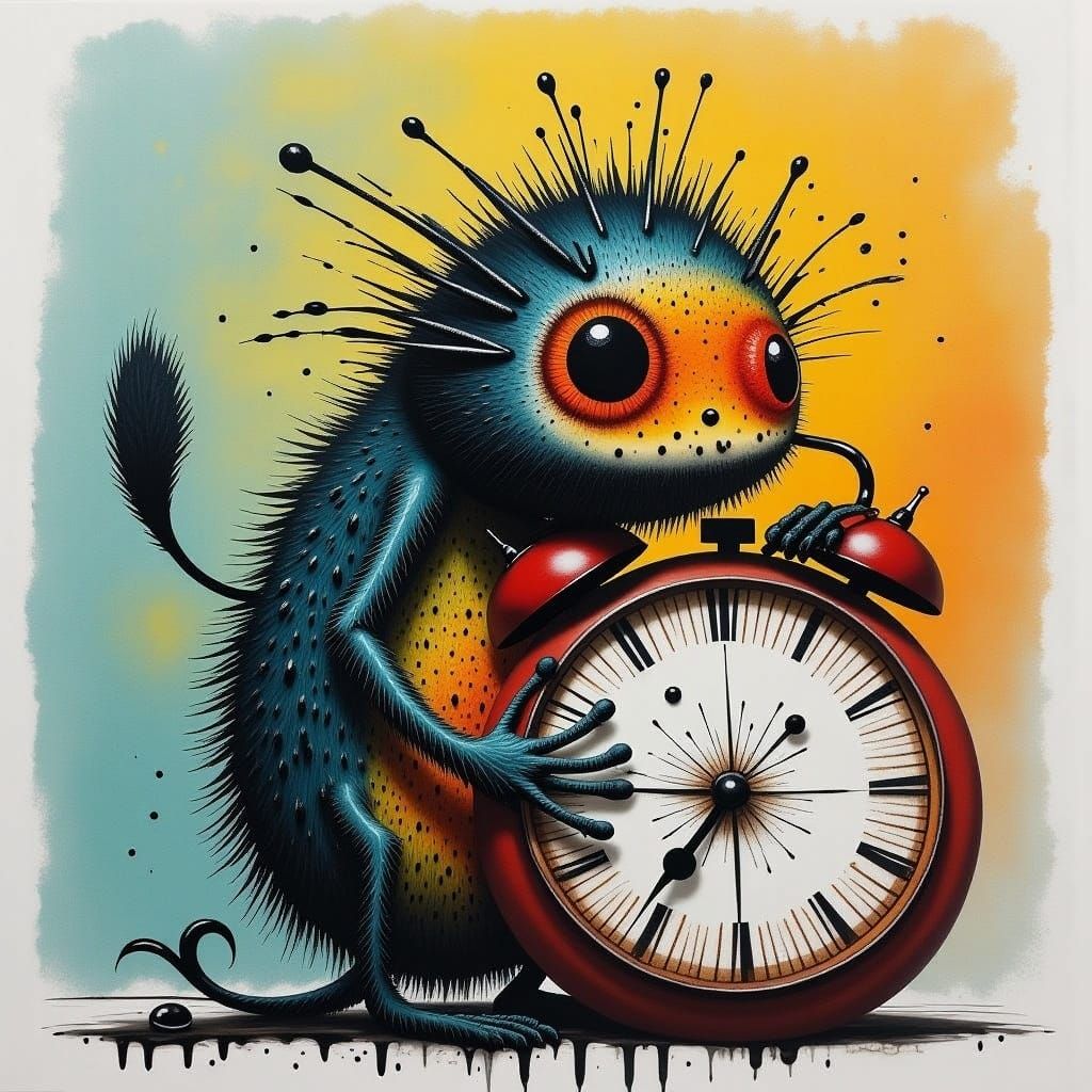 Cute Creature Holding Clock in Blood Orange Style