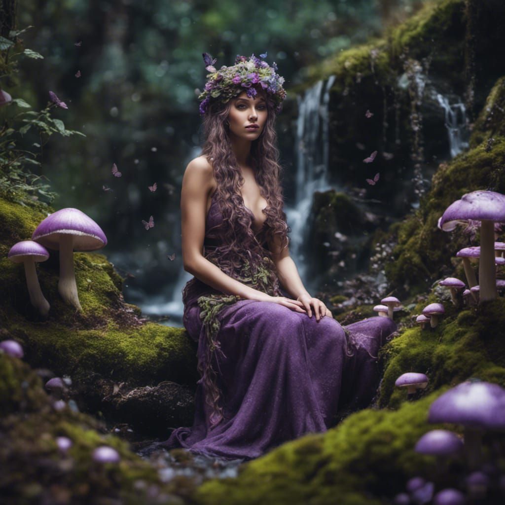 Hyperrealistic Forest Goddess by Waterfall