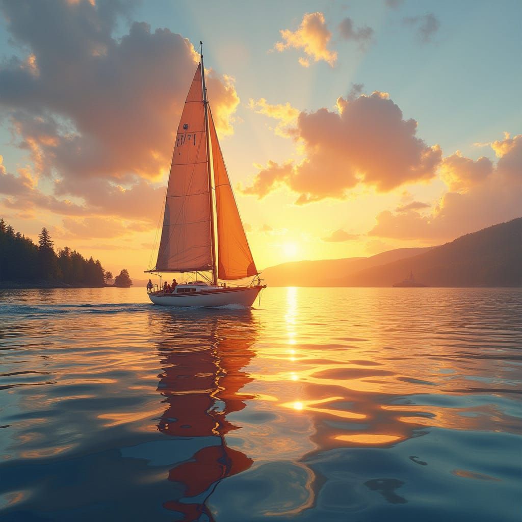 Sailboat on Serene Lake at Sunset, Impressionist Style