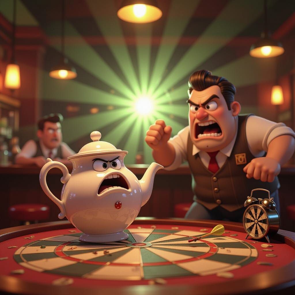 Terrified Teapot Plays Darts in Chaotic Bar