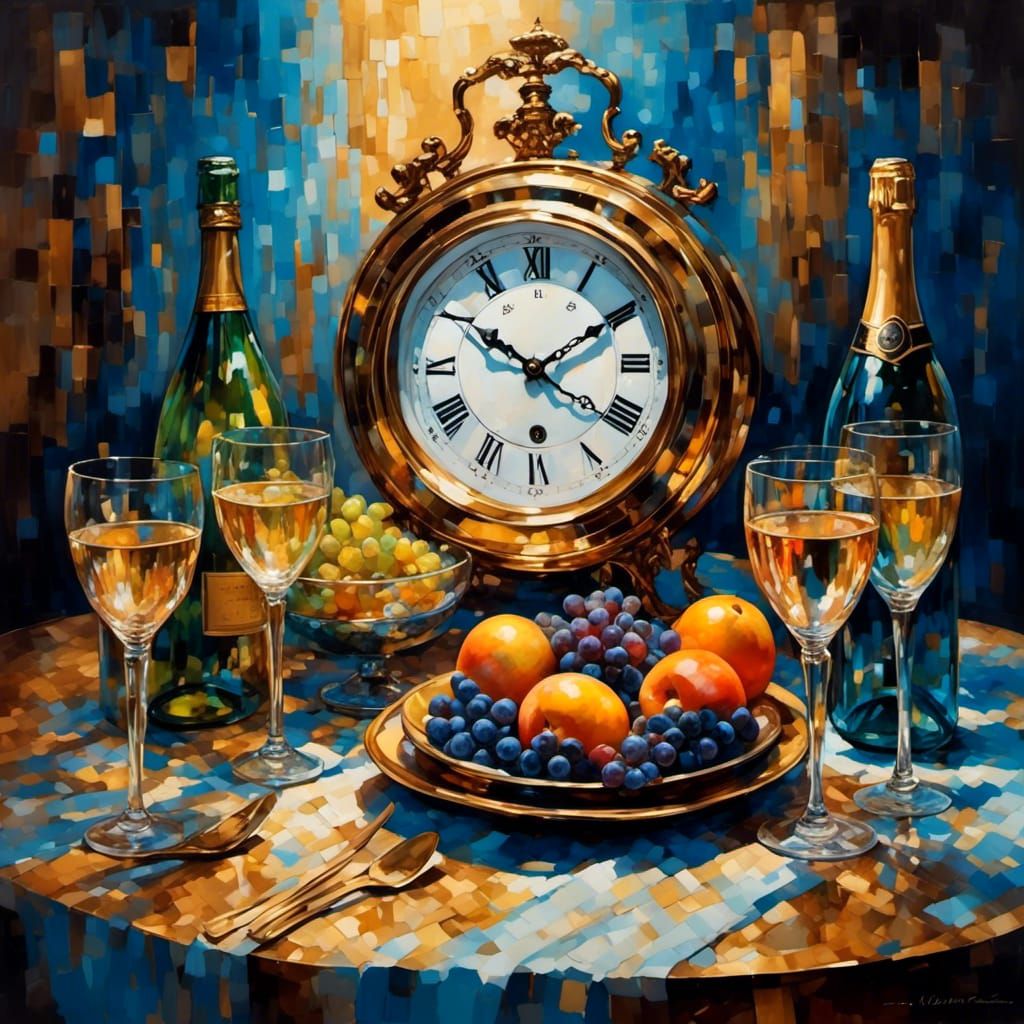 Champagne Still Life with Clock in Vivid Colors