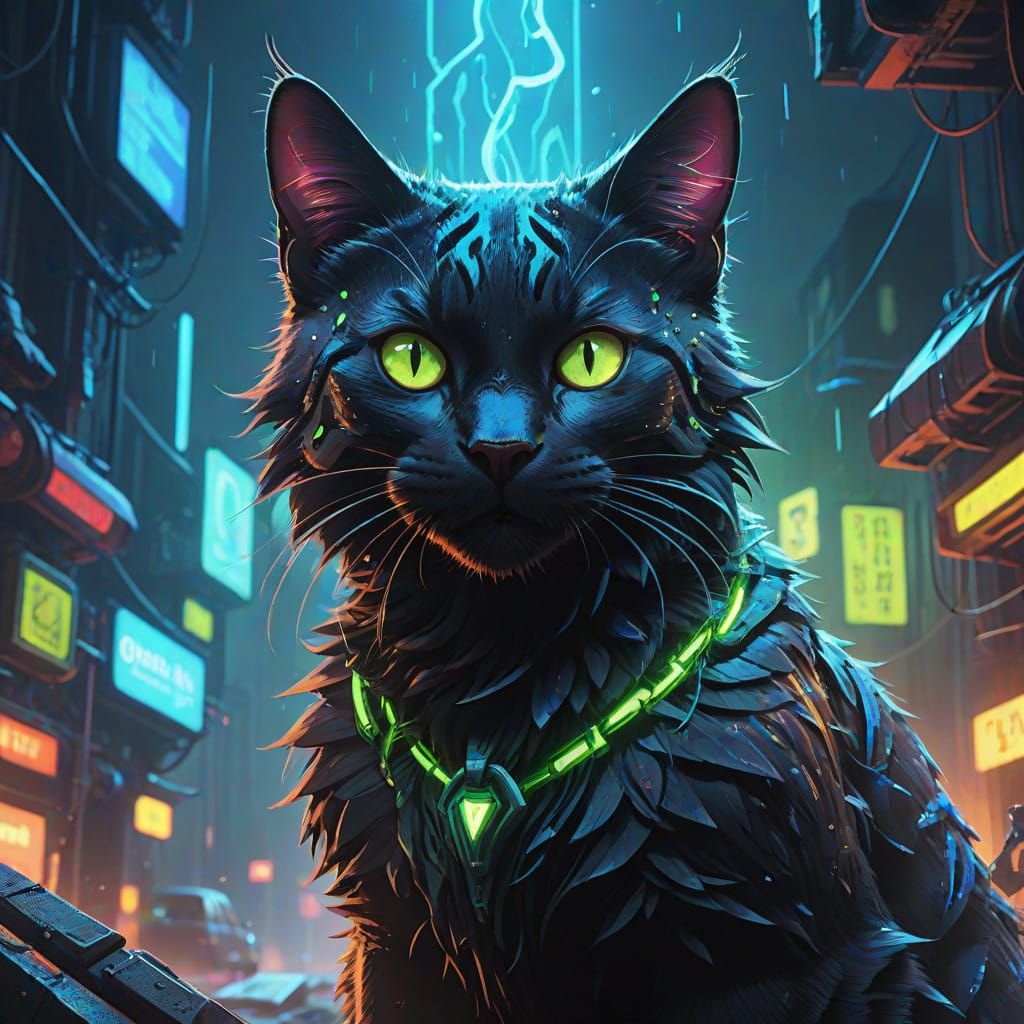 Mesmerizing Dreamscape with Fluorescent Black Cat under UV B...