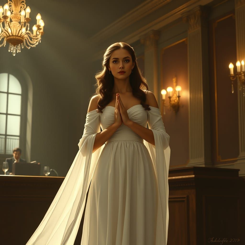 Pleading Woman in Courtroom: Classical Painting Style