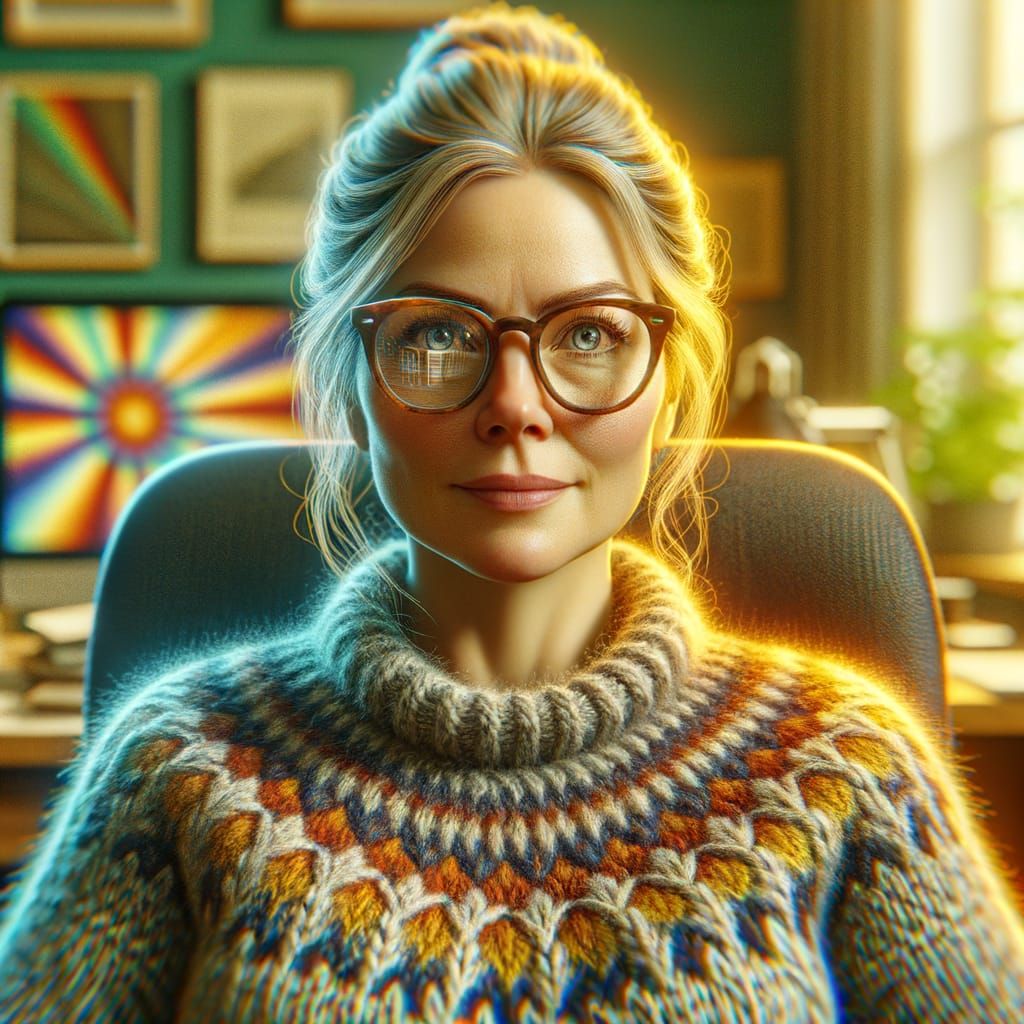 Woman in Icelandic Jumper at Office Desk