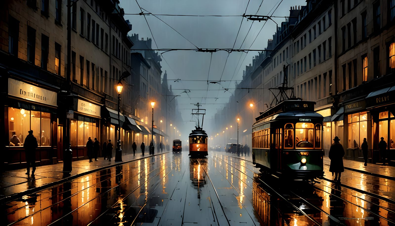 19th Century Realism Painting of a Misty Dusk Street Scene