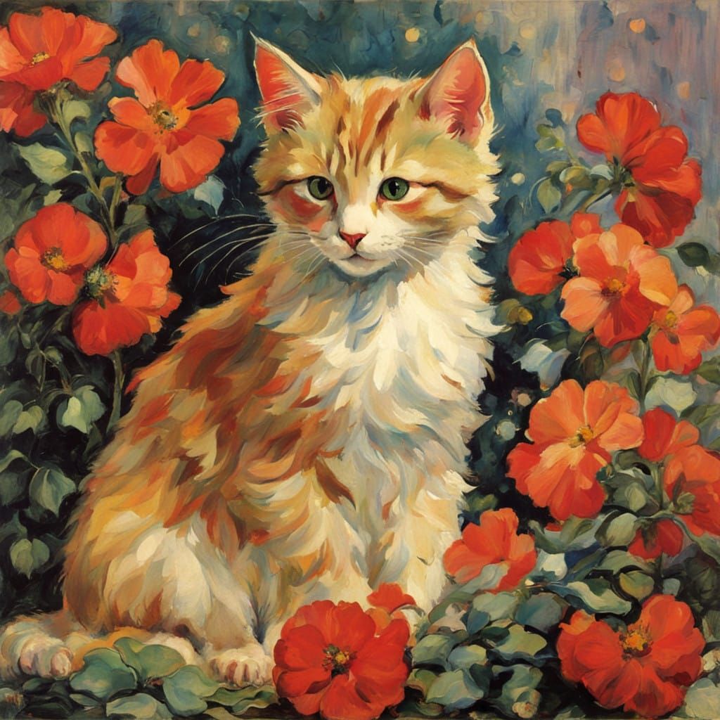 Abstract Cat Amidst Whimsical Floral Abstraction