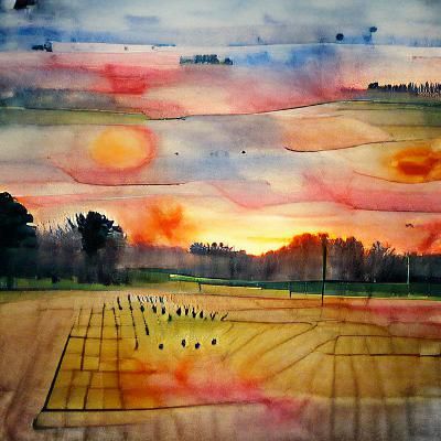 Golden Field at Sunset: Watercolor Painting