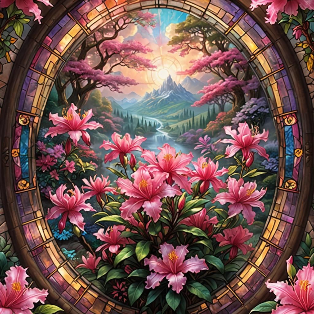 Pink Azalea in Stained Glass Style