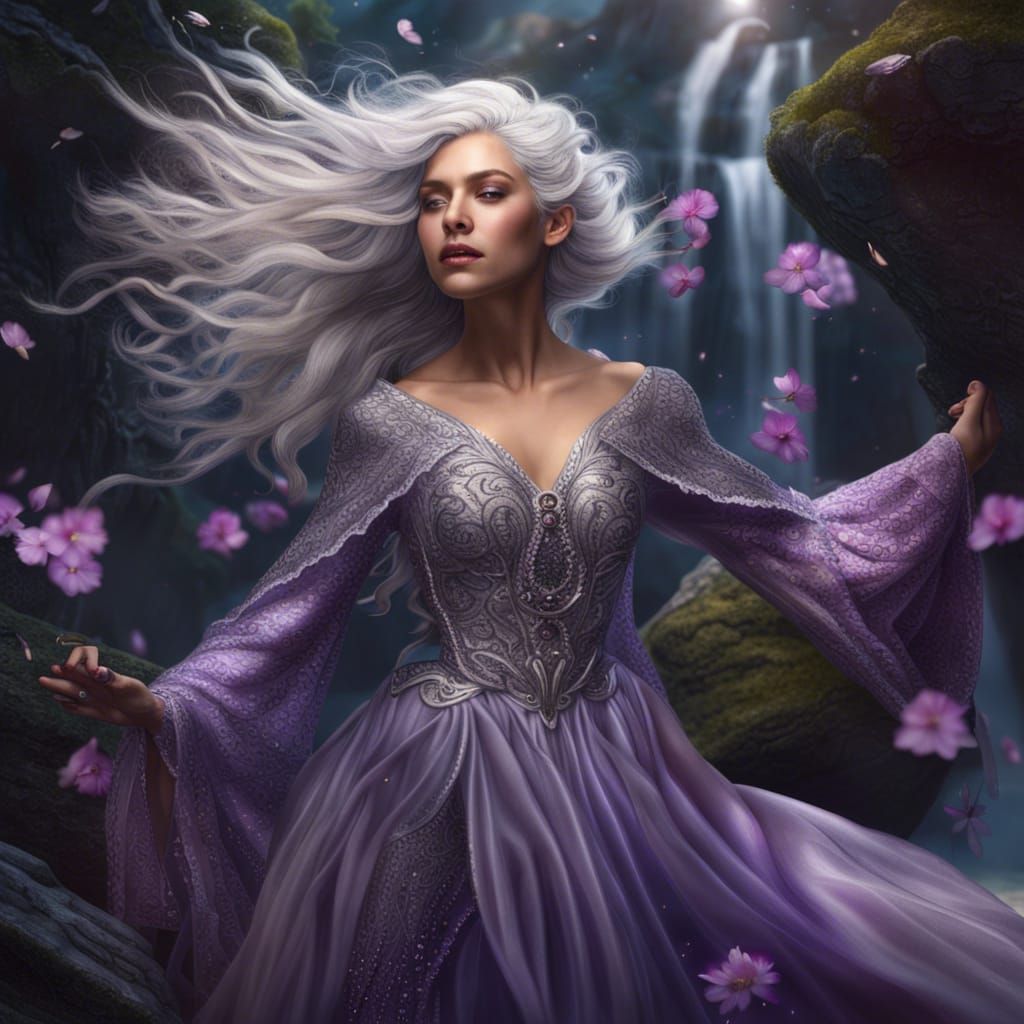 Enchanted Girl with Silver Hair in Fantasy Forest