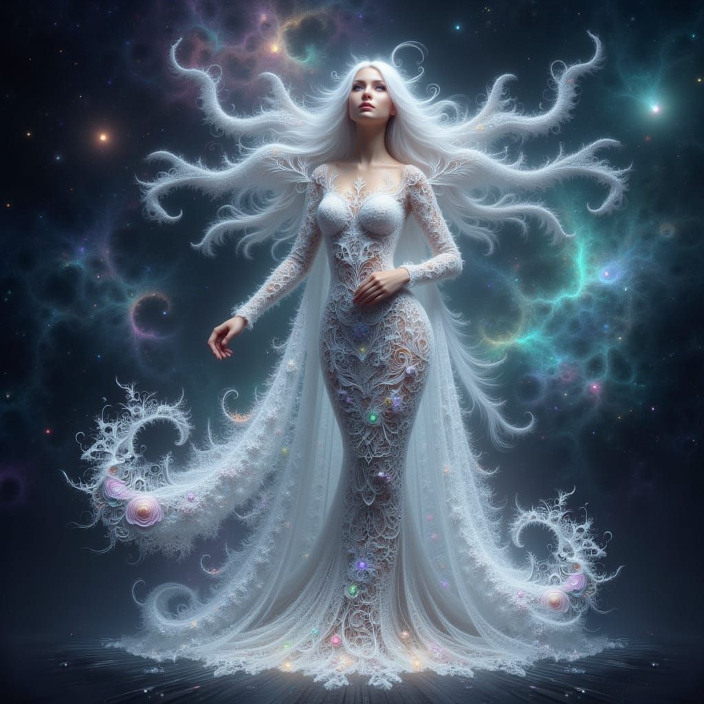 Ethereal Celestial Woman in Fractal Lace Gown