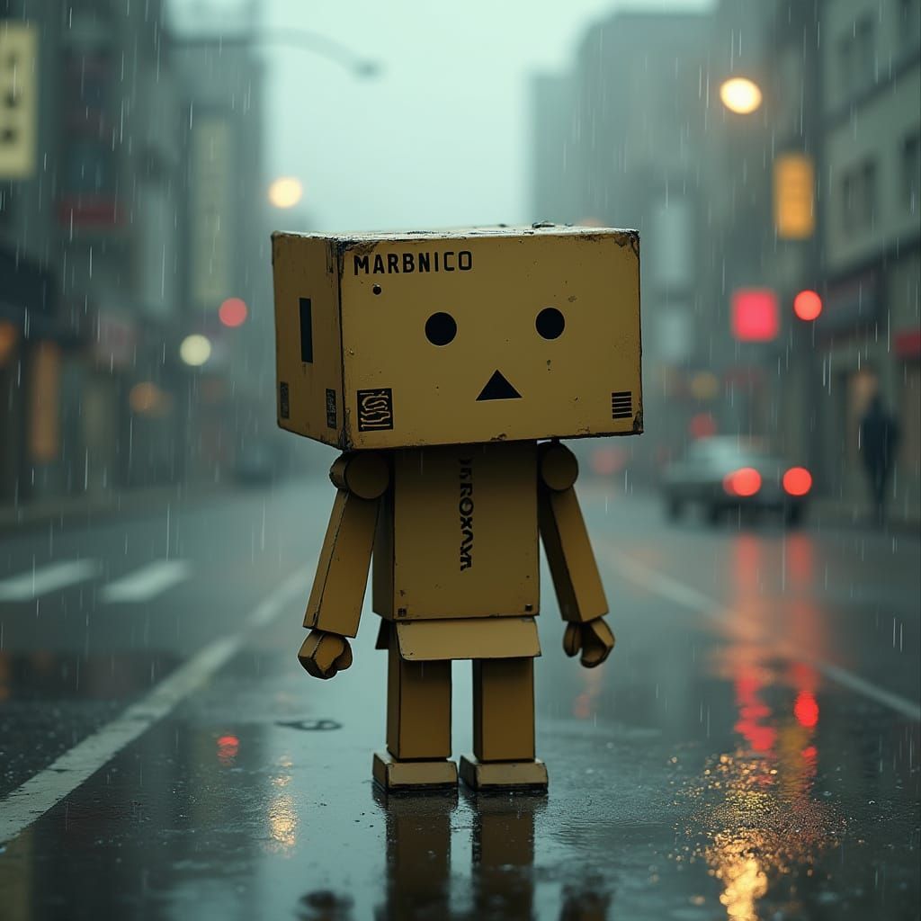 Danboard Robot in Rainy Dystopian Cityscape