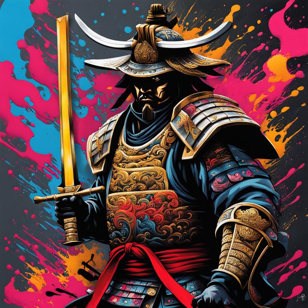 Shogun Swordplay in Graffiti Street Art Style