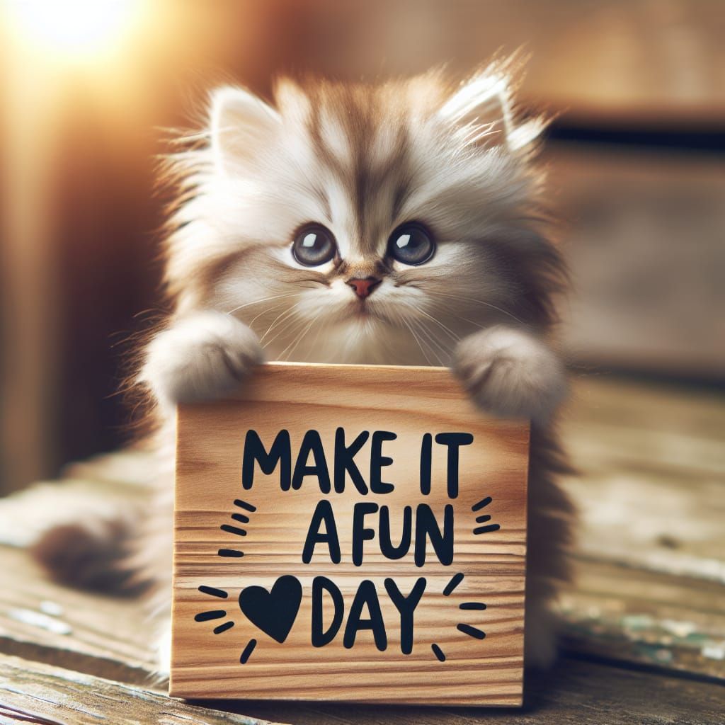 Kitten Holding 'Make it a Fun Day' Sign