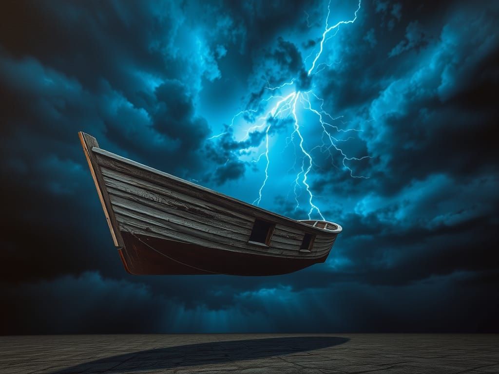 Abandoned Boat Sails in a Turbulent, Stormy Sky