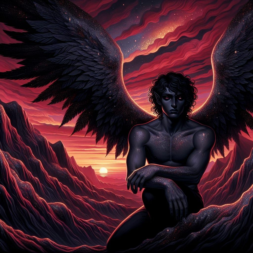 A sorrowful demon with curly black hair and large black wing...