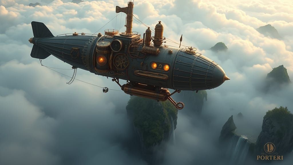 Steampunk Airship Navigates Misty Sky Islands