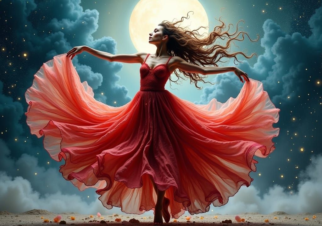 Woman Dancing with Flowing Dress in Fae Setting