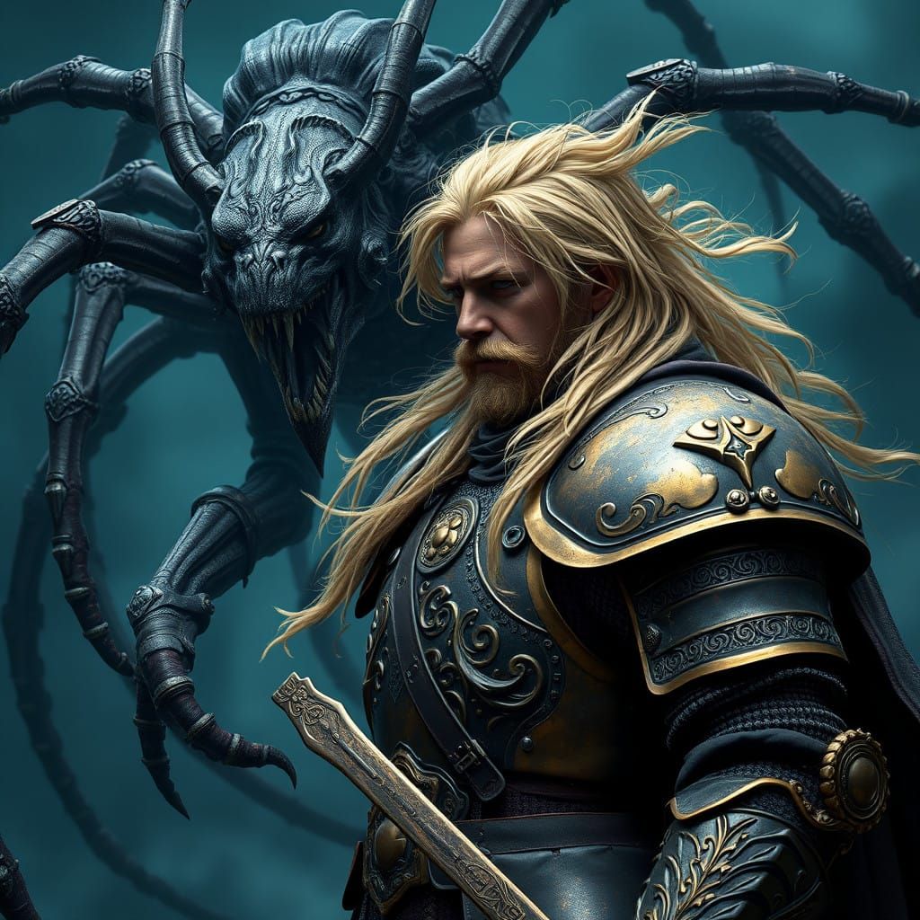 Heroic Knight Battles Lovecraftian Horror in Dark Fantasy Ar...