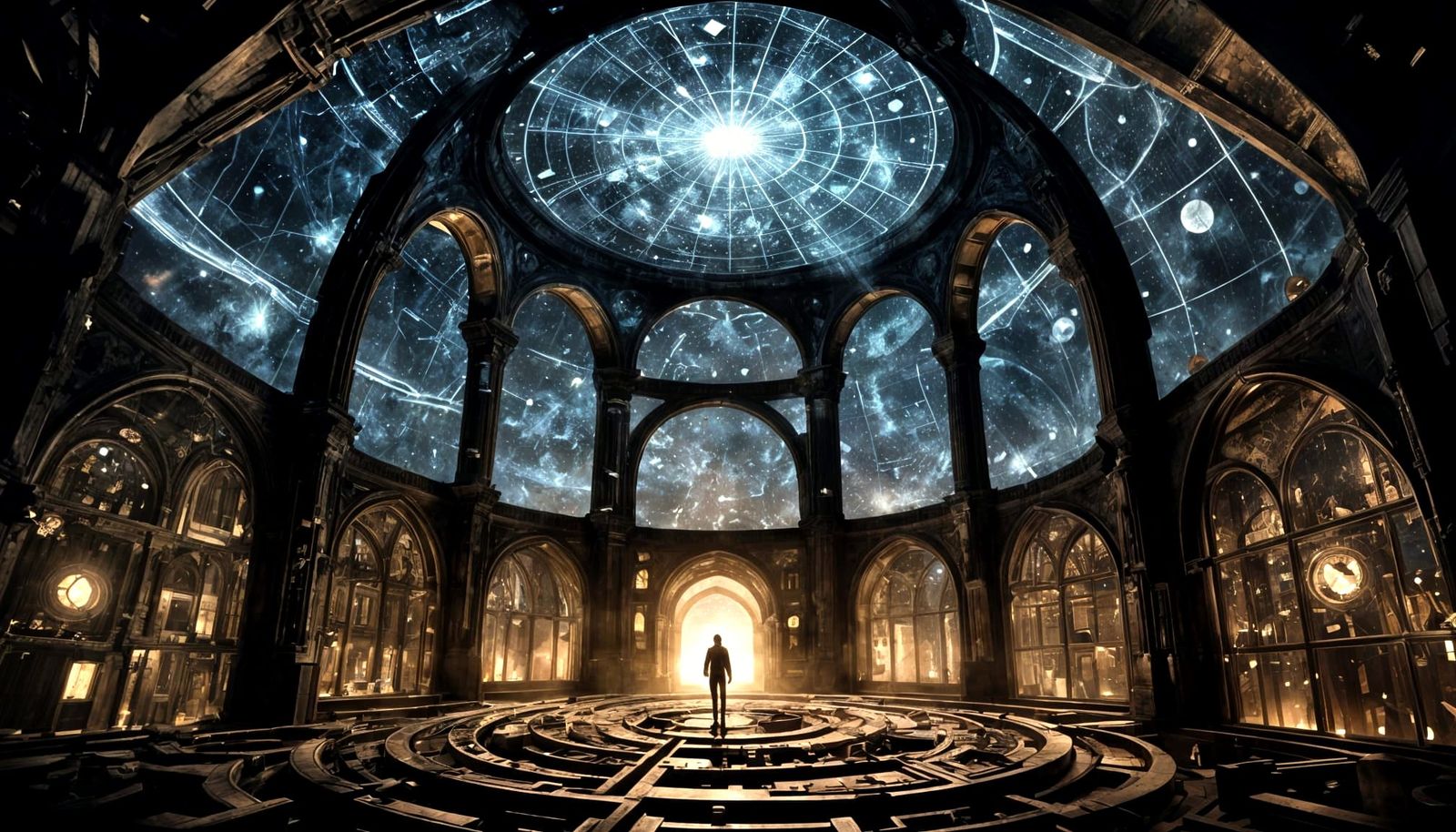 Luminous Gear in Theo-Mechanical Vault Near Black Hole