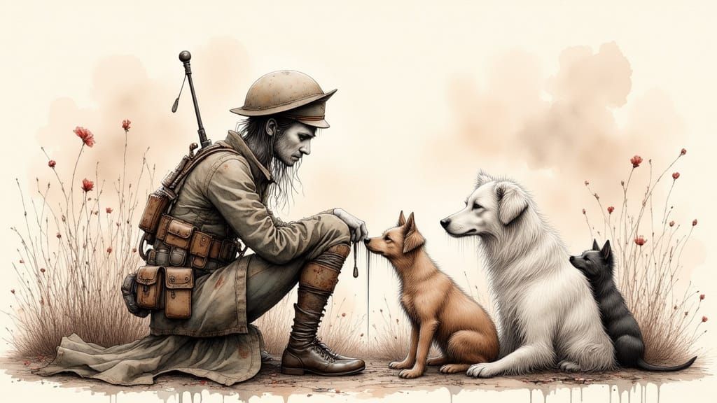 Soldier Comforted by Animals in Watercolor Style