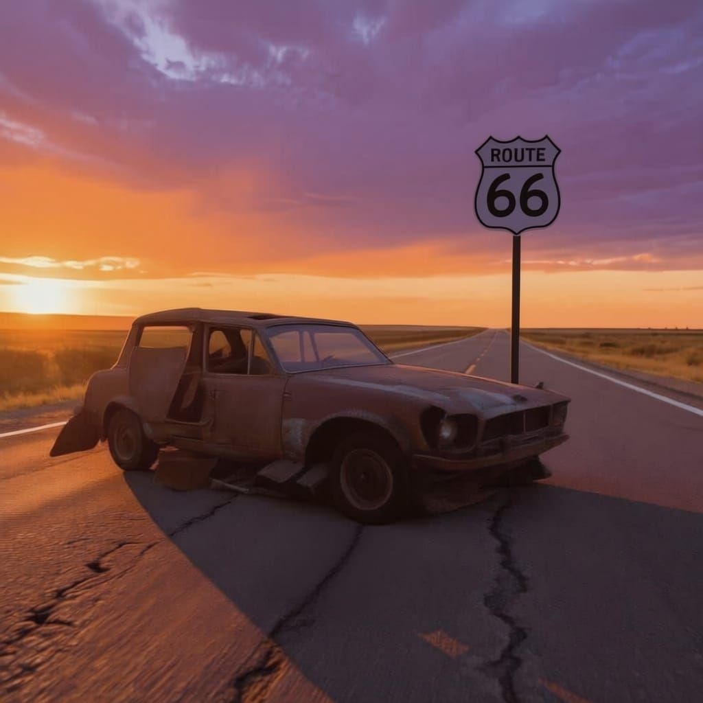 Young Skateboarder on Route 66 at Sunset