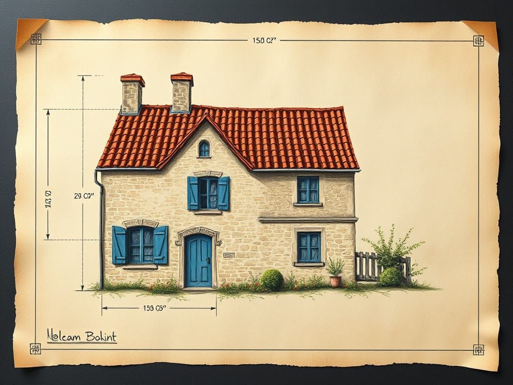 Quaint Cottage Blueprint in Impressionist Style