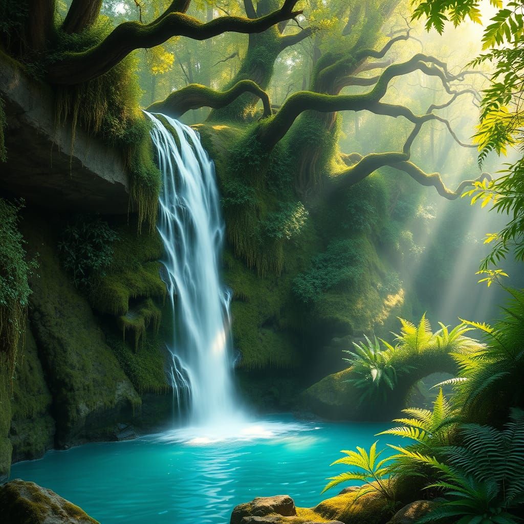 Enchanted Waterfall in Emerald Forest: Fantasy Landscape