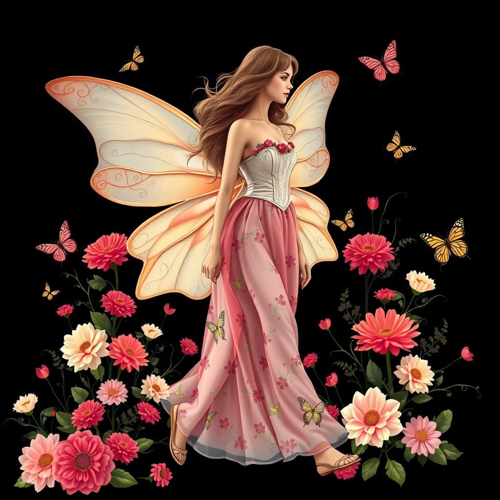 Fairy in Floral Wings Steps into Enchanted Garden