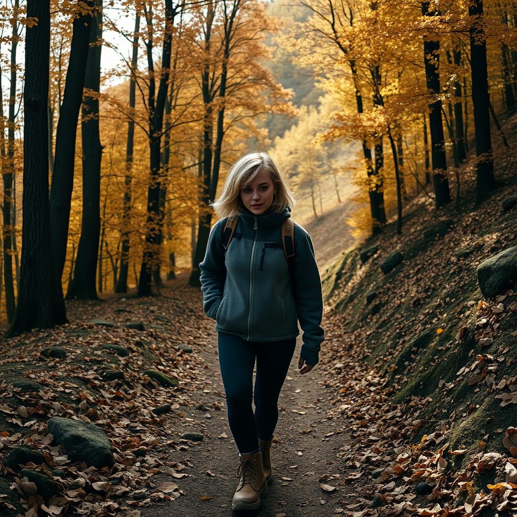 Autumn Hike: Cinematic Portrait of a Woman Trekking