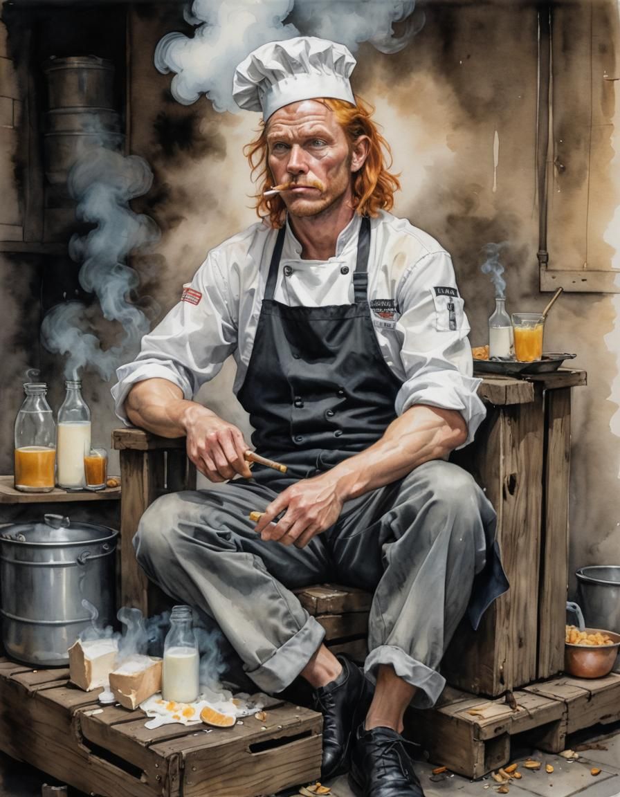 Chef on Milk Crate Throne: Ink Wash Painting