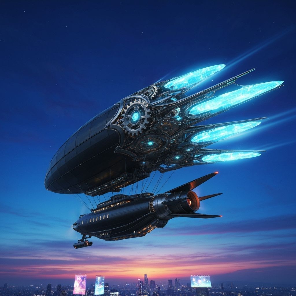 Manta Ray Steampunk Airship Soaring in Solarpunk Sky