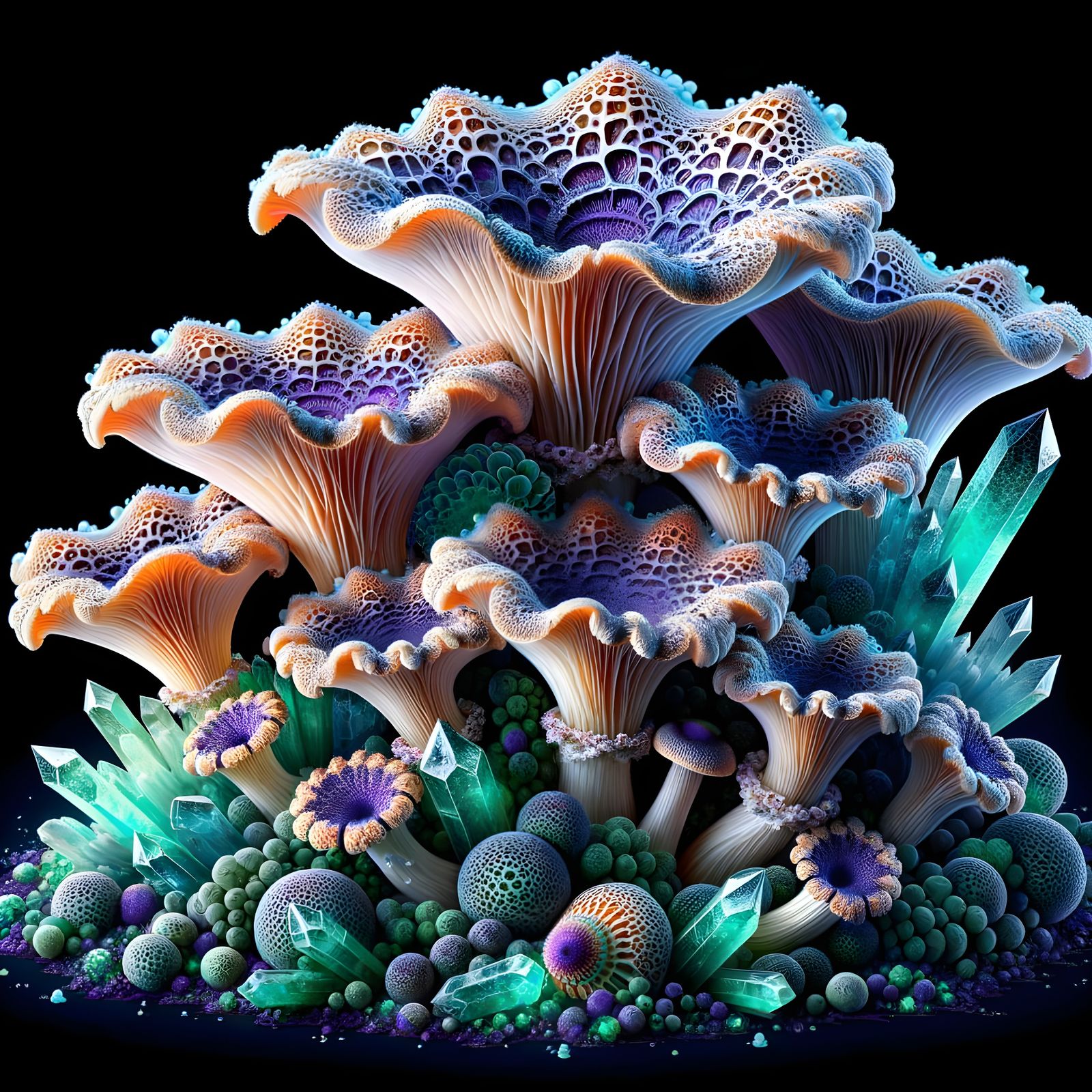 Ethereal Glowing Mushrooms on Crystal Minerals