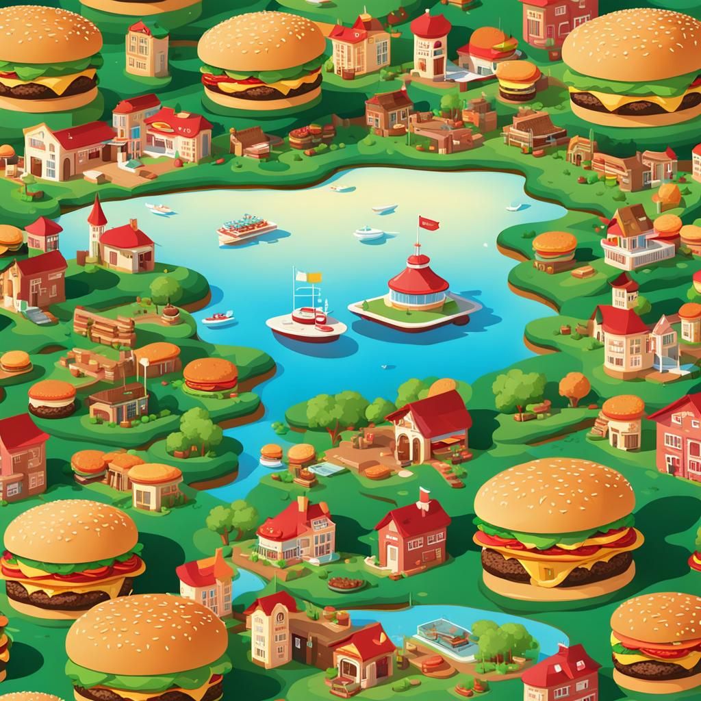 hamburger world with an island and houses made of burgers