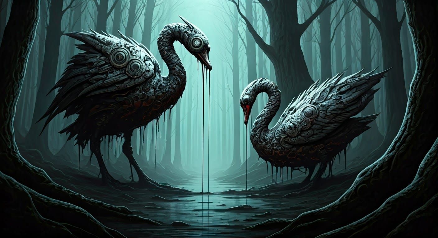 Biomechanical Swans in Twilight Forest, Giger-esque Art
