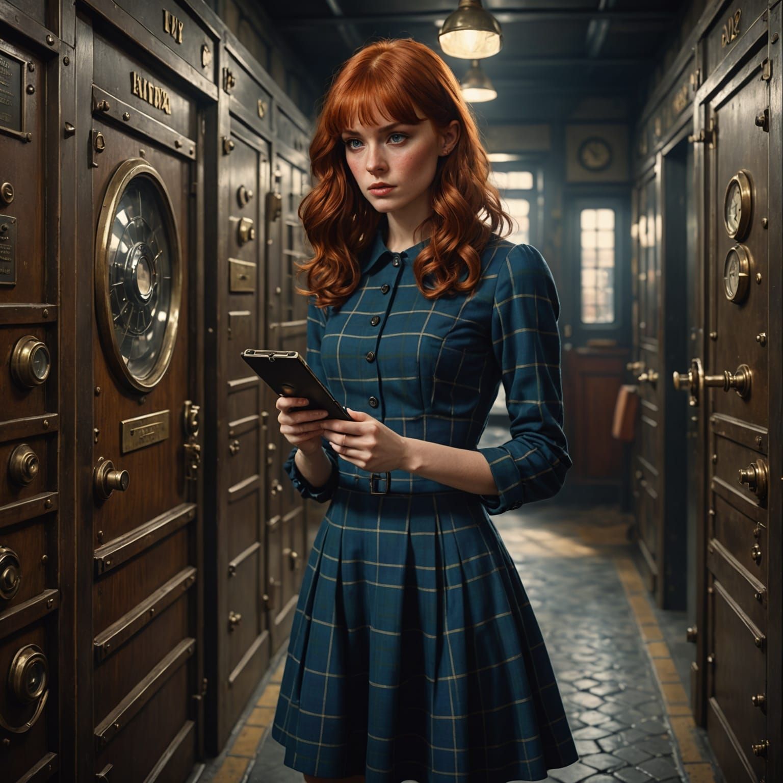 Detective Woman With Magnifying Glass At Bank Vault