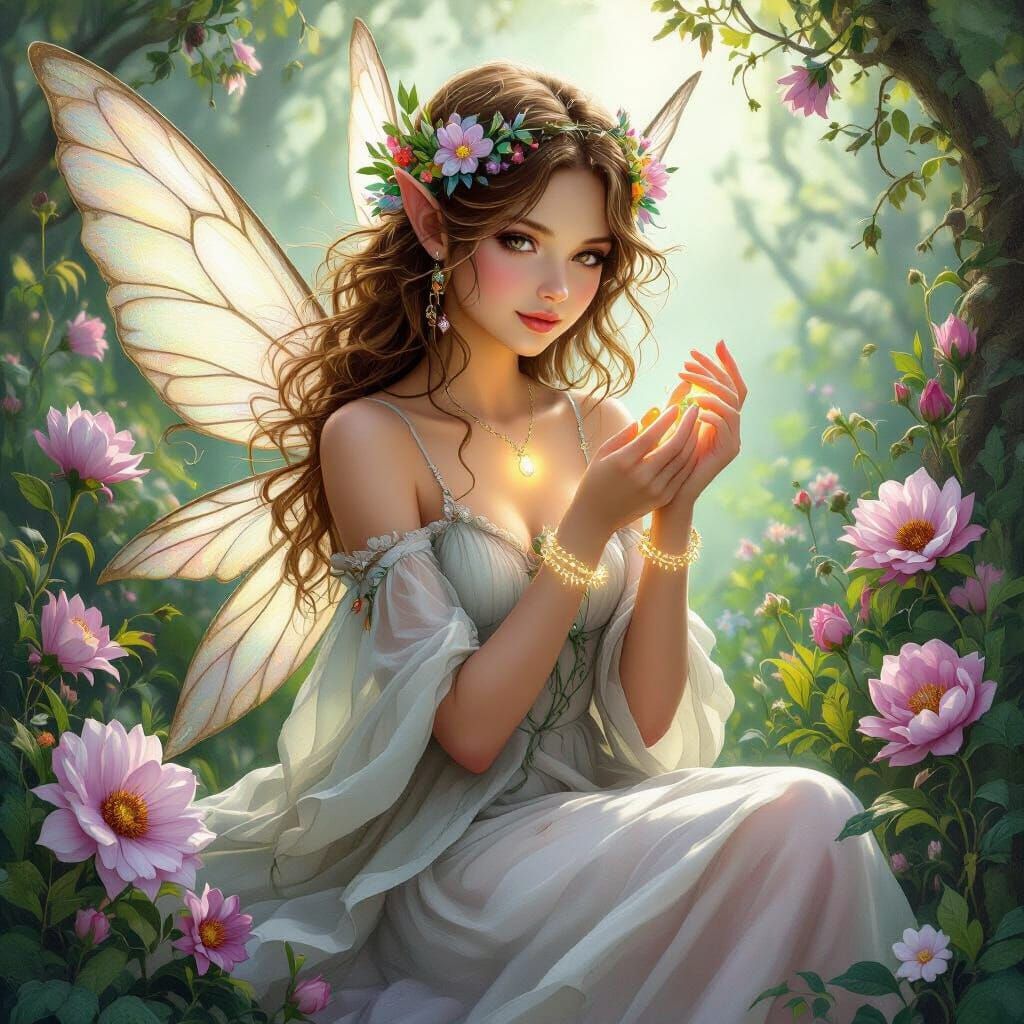 Ethereal Fairy with Glowing Bracelet in Whimsical Style