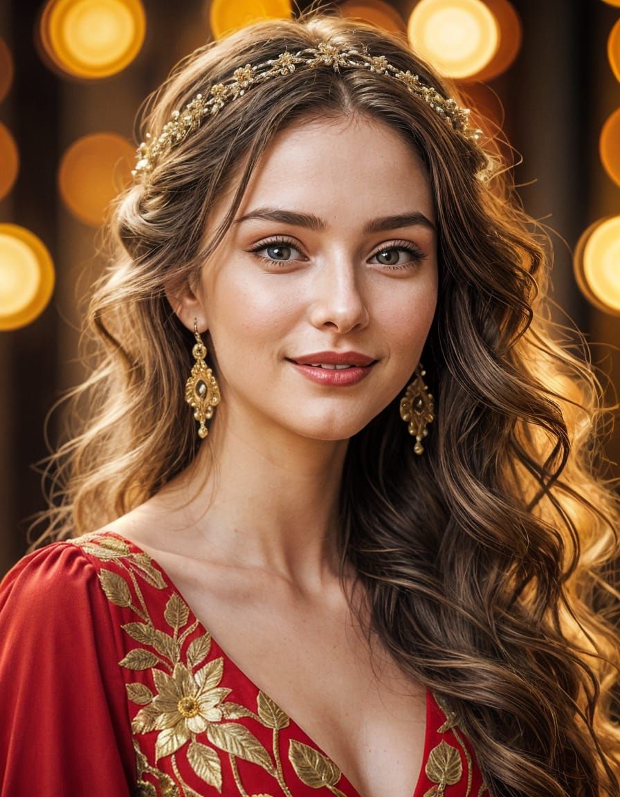 Gustav Klimt-Inspired Portrait of a Beautiful Girl in Red