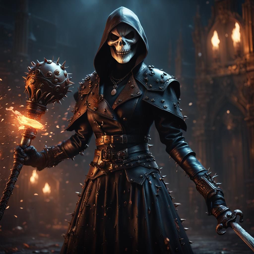 Female Ghostface with Spiked Mace, Detailed Fantasy Art