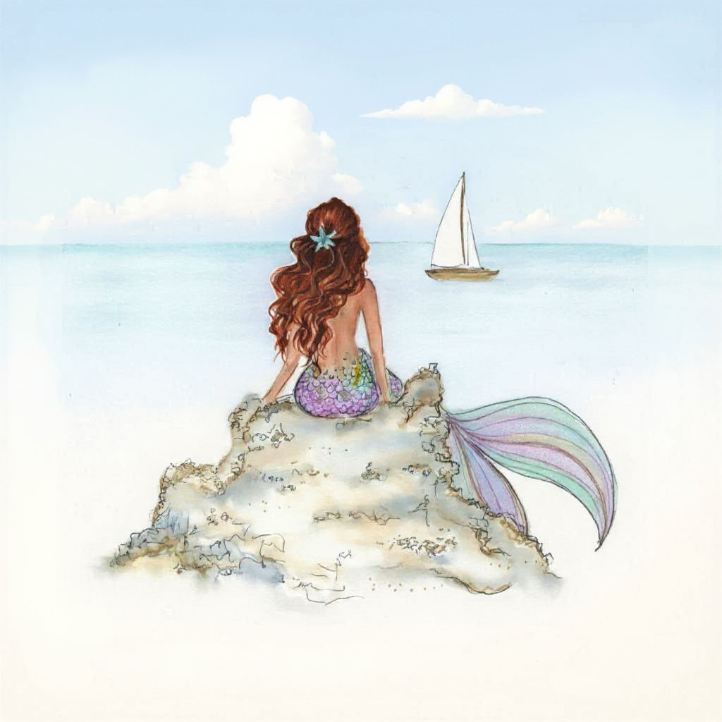 Mermaid on Rock Gazing at Distant Boat in Water Style