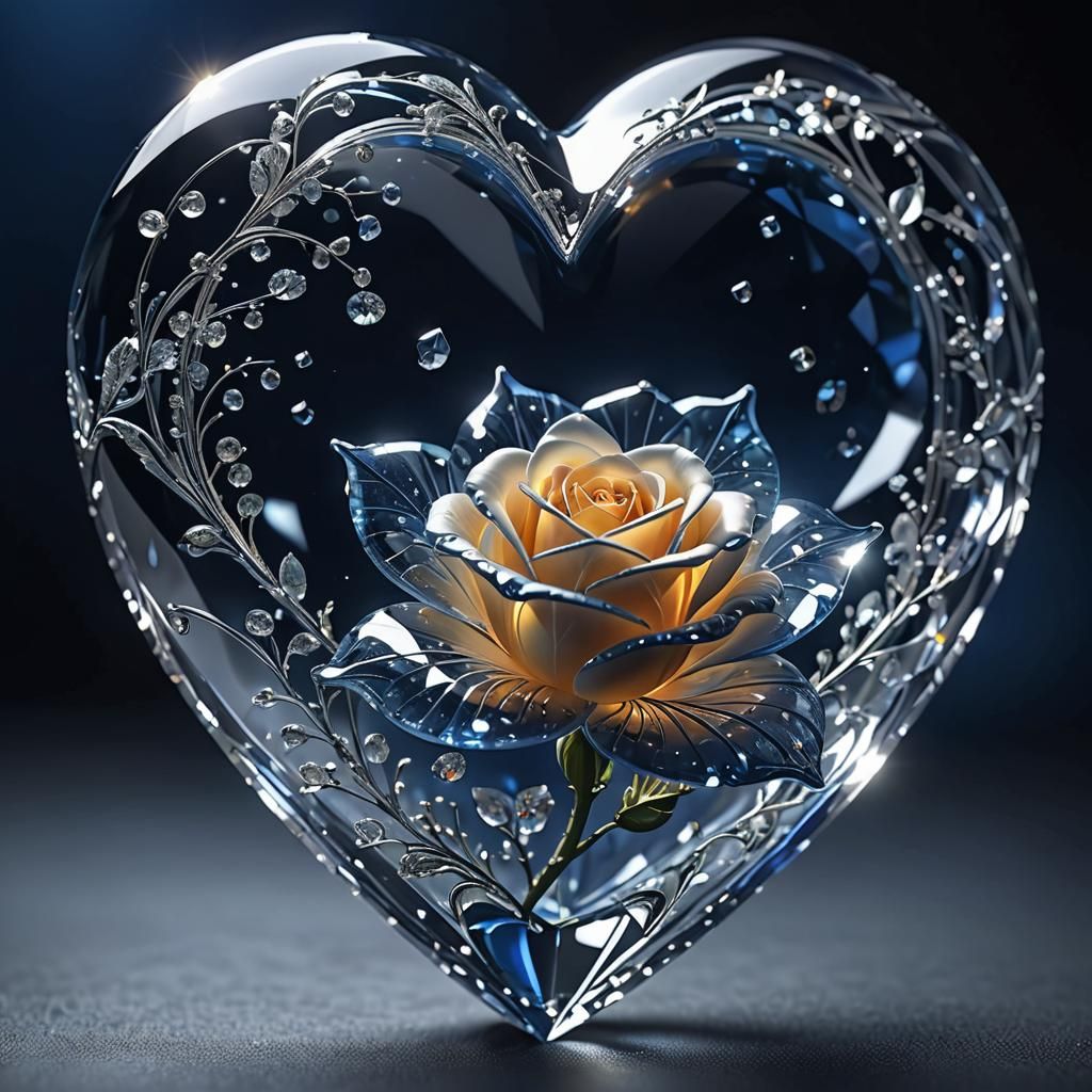 Heart Diamond with Glass Rose and Butterfly