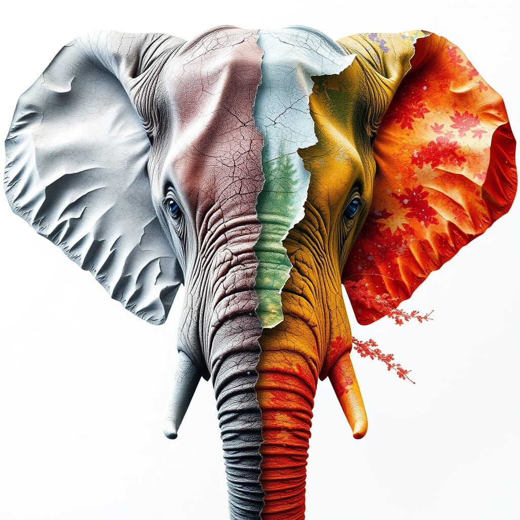 Hyper-Realistic Elephant Face in Ripped Paper Layers