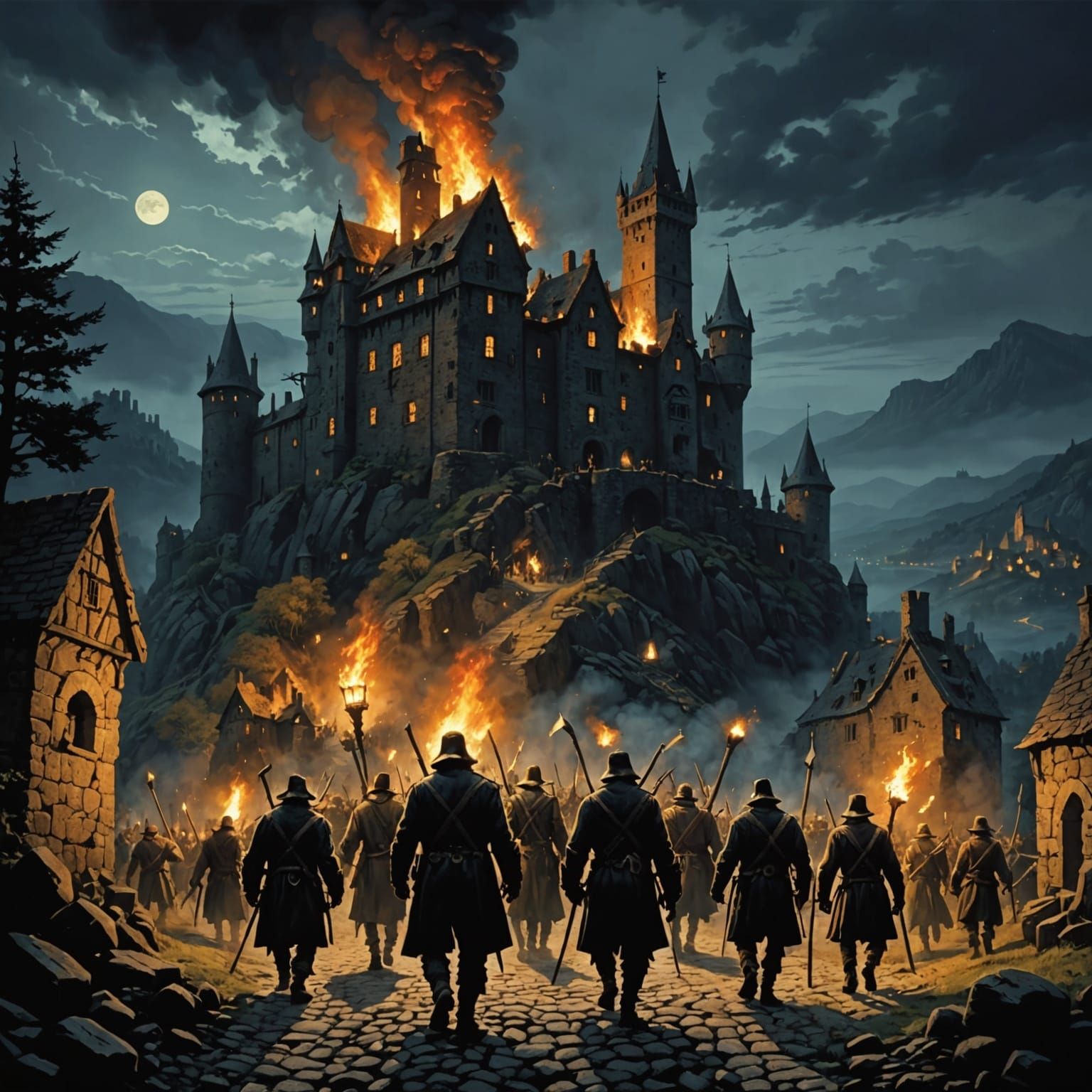 Angry Villagers Approach Frankenstein's Castle at Night