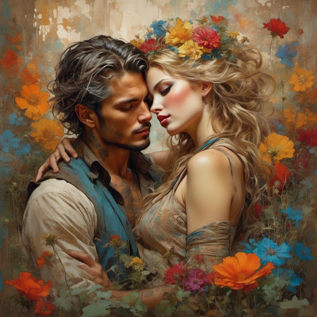 Romantic Garden Embrace in Art Nouveau Style