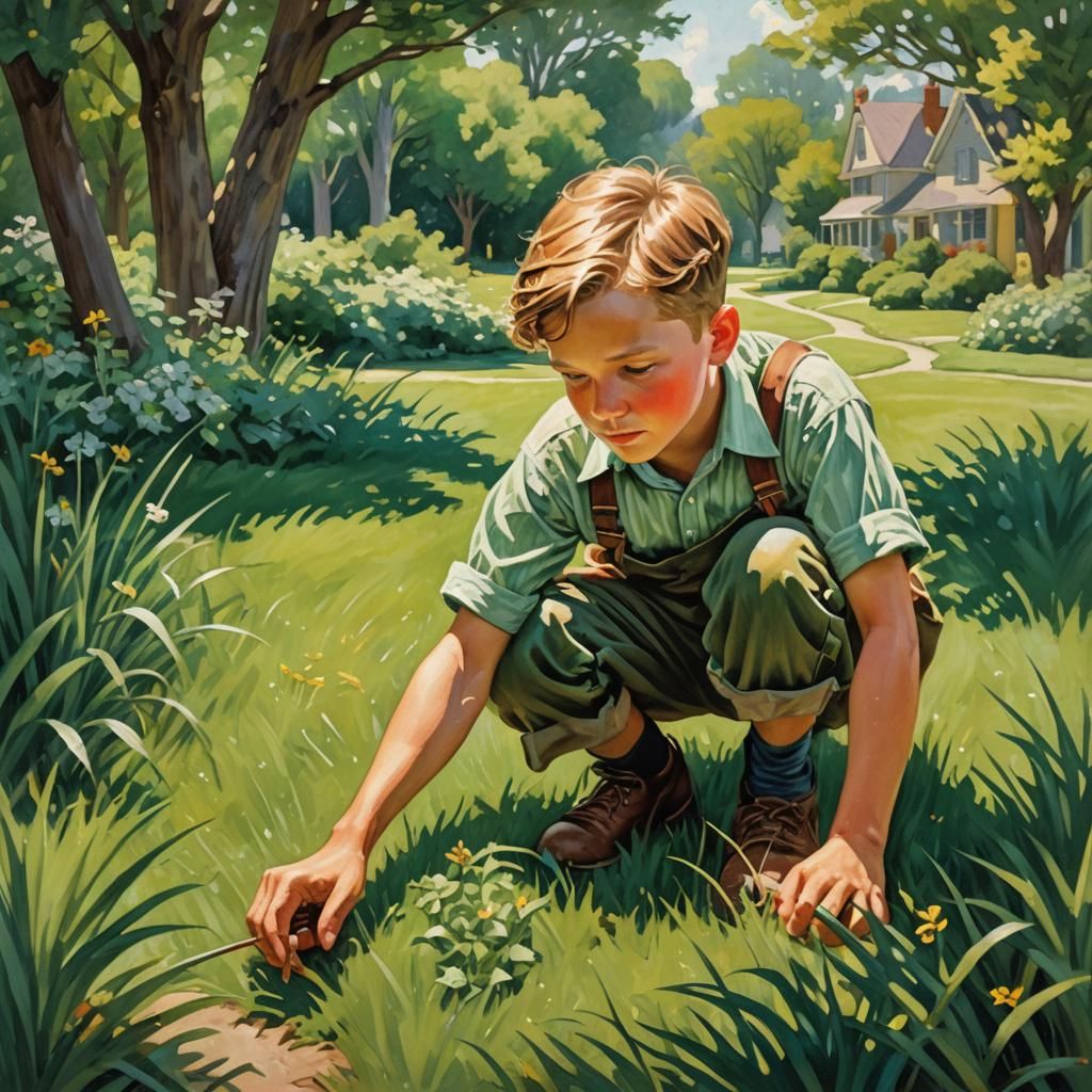 Boy Mowing Lawn in 1930s Suburban Scene