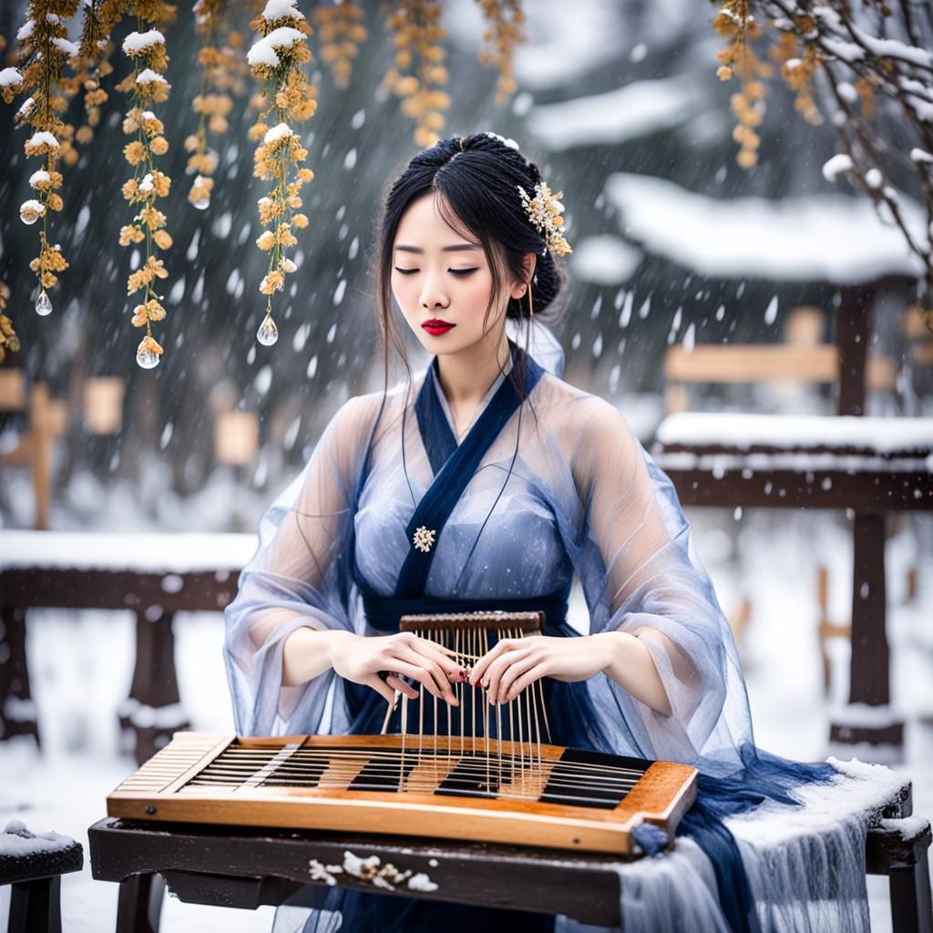 Elegant Woman with Guzheng and Falling Flowers
