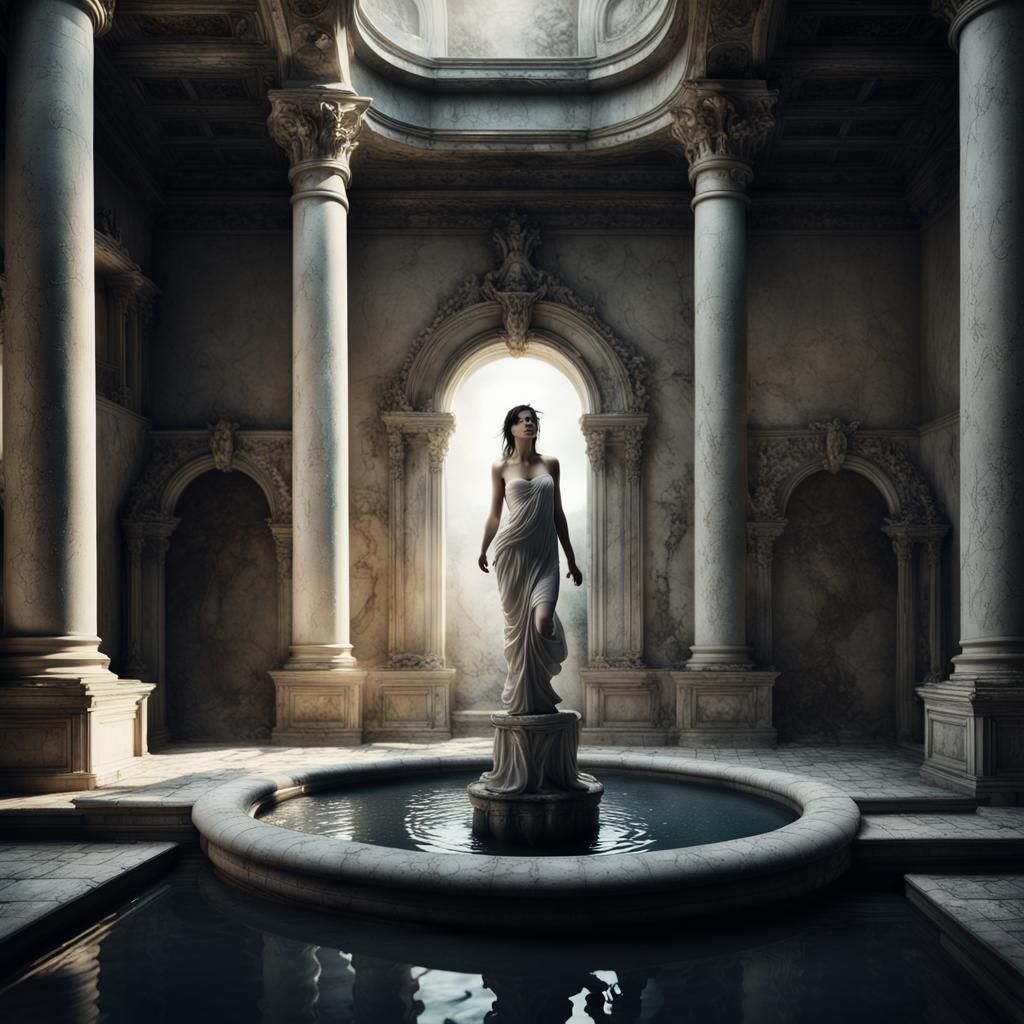 Dramatic Fountain Sculpture in Abandoned Castle