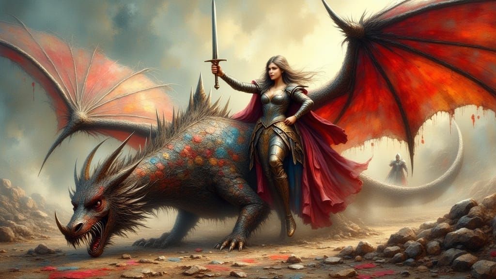 Victorious Princess Saves Prince, Impasto Oil Painting