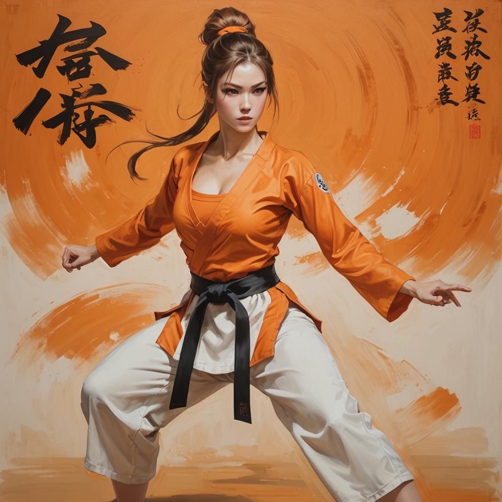 Young Woman in Fighting Stance in Traditional Dojo