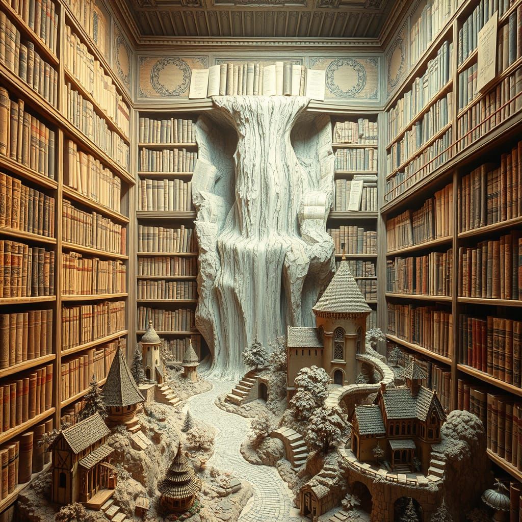 Victorian Engraving of a Paper Waterfall in a Bookshop Alcov...